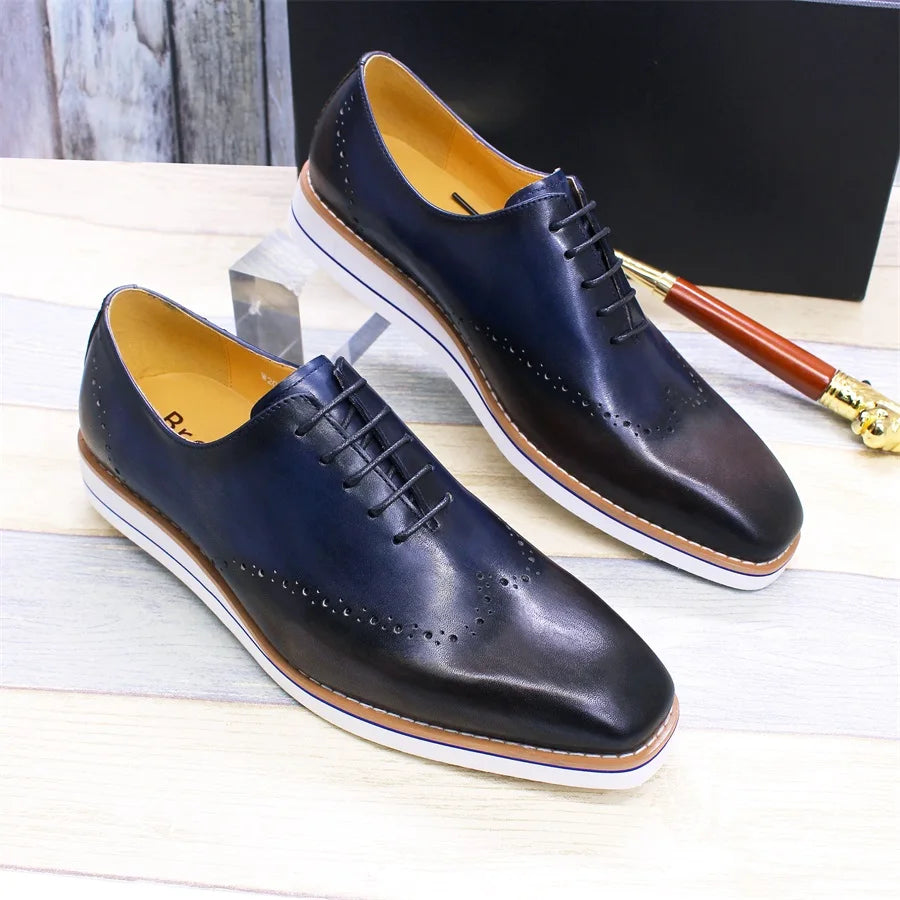 Genuine Leather Men's Casual Shoes Comfortable Lace-Up Brogue Handmade Flat Shoes Office Party Dating Formal Dress Men's Shoes
