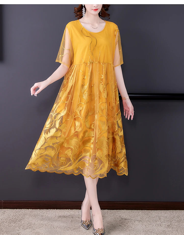 High Street Natural Silk Floral Embroidery Midi Dress Summer Casual Vintage Loose Beach Dress 2024 Women Elegant Party Vestidos