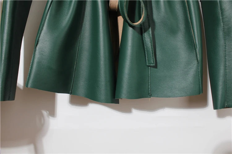 European Fashion Women Clothing Female Real Leather Jacket Mujer Draw Back Round Neck Pleated Belt Caramel Coat Veste Femme