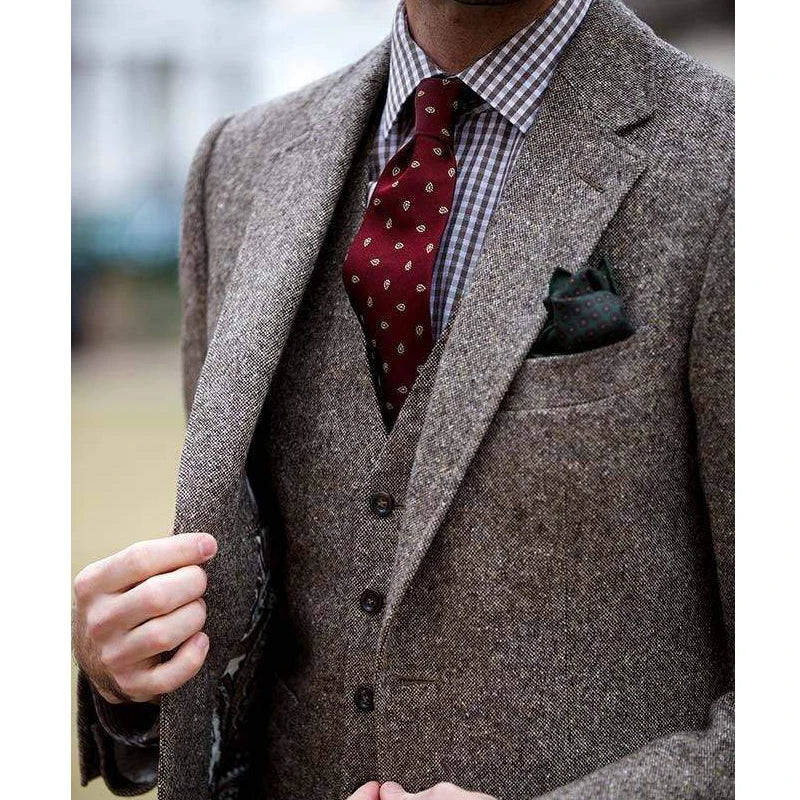 Latest 3 Piece Tweed Wool Men Suits for Winter Groom Tuxedo Male Fashion Wedding Costume Homme Jacket Vest Pants Tailor Made