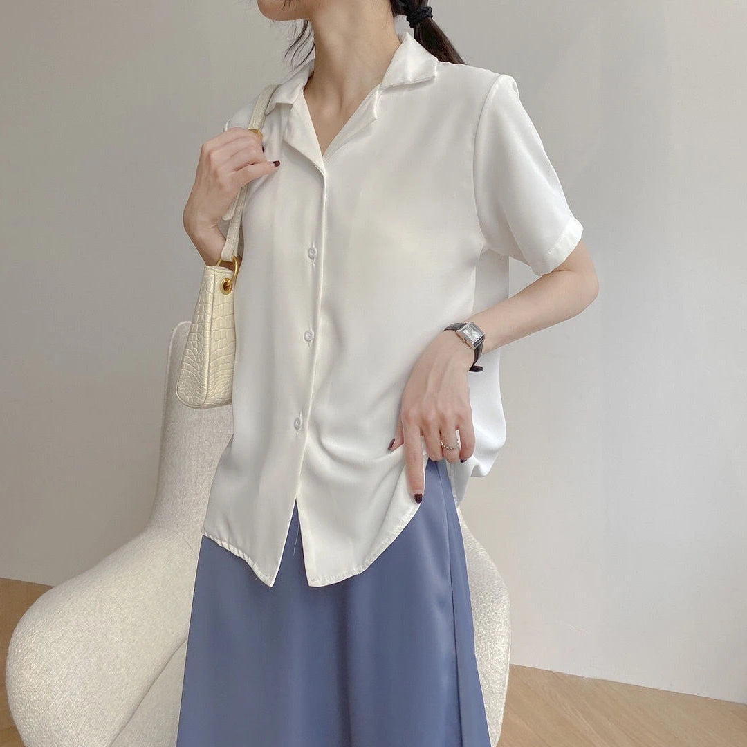 Women Summer Elegant Solid Chiffon Blouses Casual Turn Down Collar Short Sleeve Loose Shirts Korean Chic Top Female Tunic