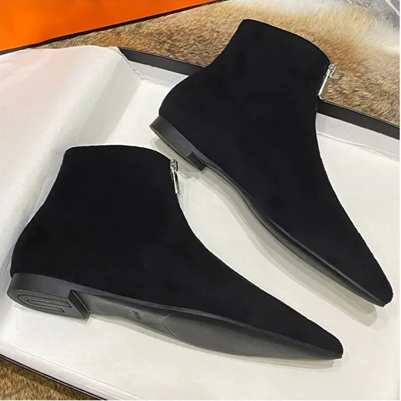 2026 New Flats Sexy  Women Pointed Toe Ankle Boots British Woman Footwear Female Shoes Wedge Boots New Zipper Design Short Boots