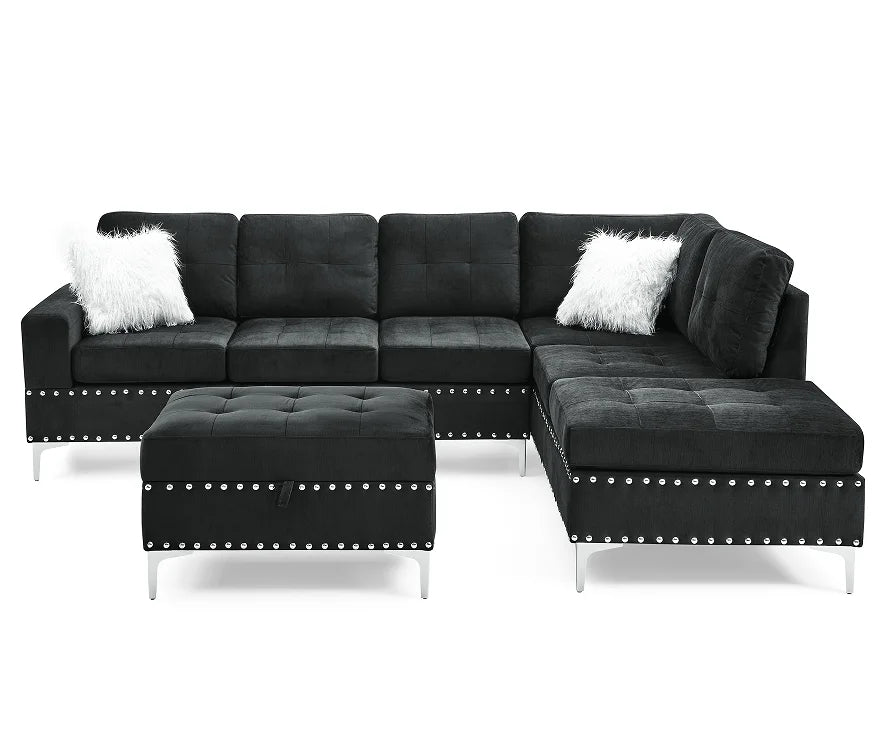Modern Convertible Sectional 3-Seaters Sofa Set Reversible Chaise Storage Ottoman Cup Holders L-Shaped Velvet Memory Foam Metal