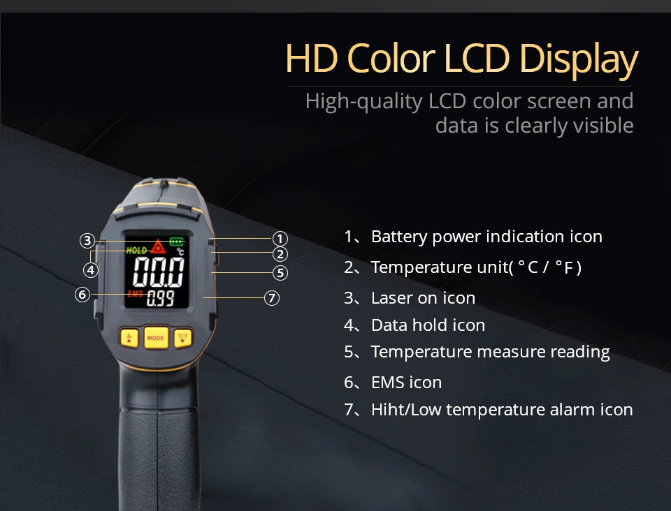 Digital Infrared Thermometer Laser Temperature Meter Non-contact Pyrometer Imager Hygrometer IR Termometro Color LCD Light Alarm