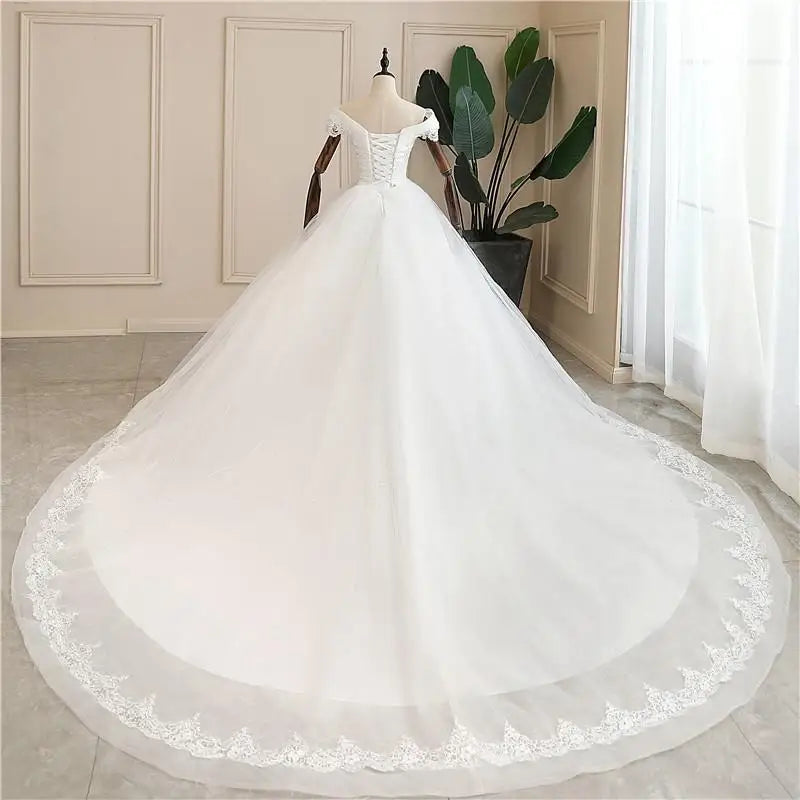 Shiny Wedding Gowns Sweet Boat Neck Wedding Party Ball Gown Off Shoulder Wedding Dresses Customized For Women