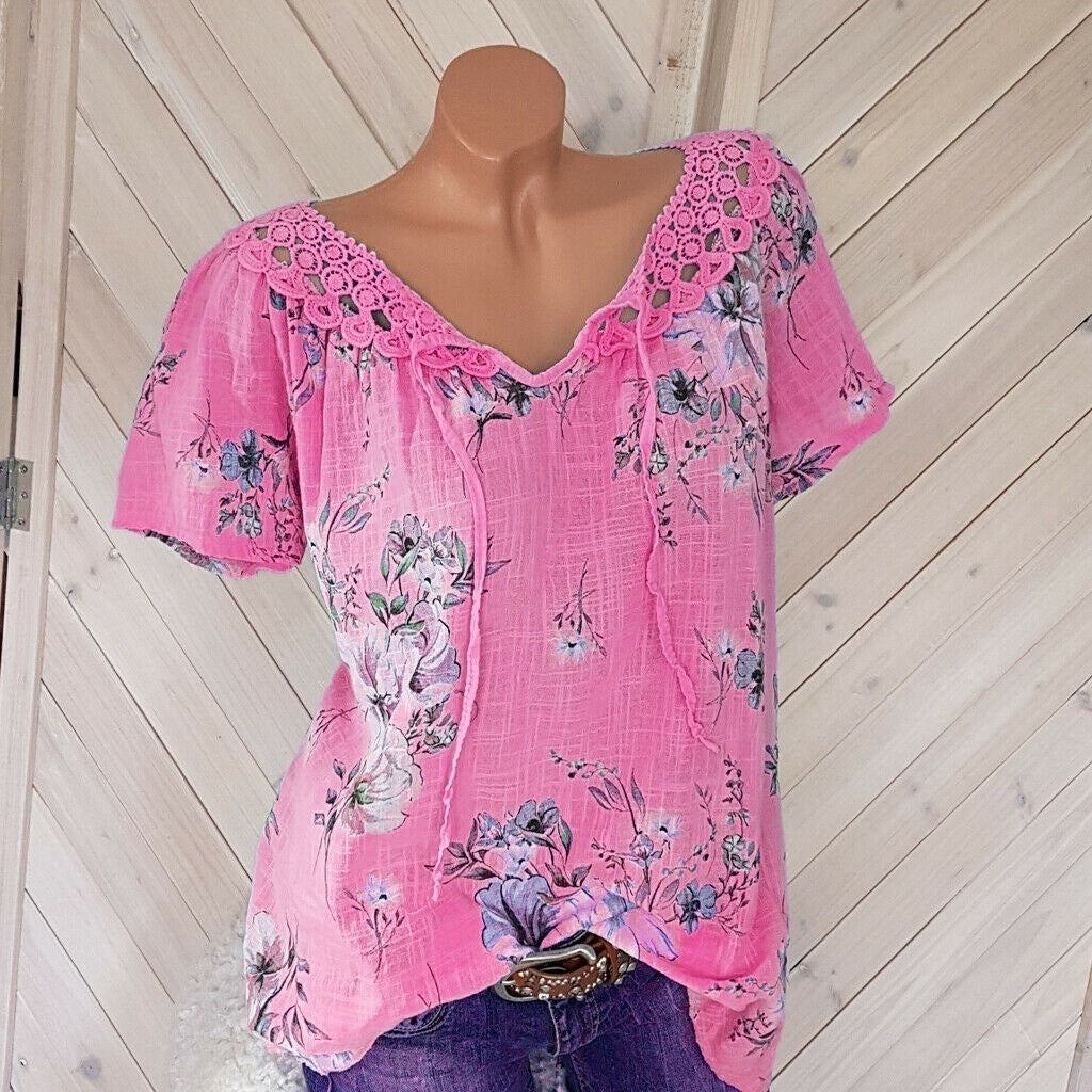 Women Summer Fashion Trendy Short Sleeve Lace Up Floral Print Blouses Tops  T-Shirts Casual Summer Lace Stitching Shirts