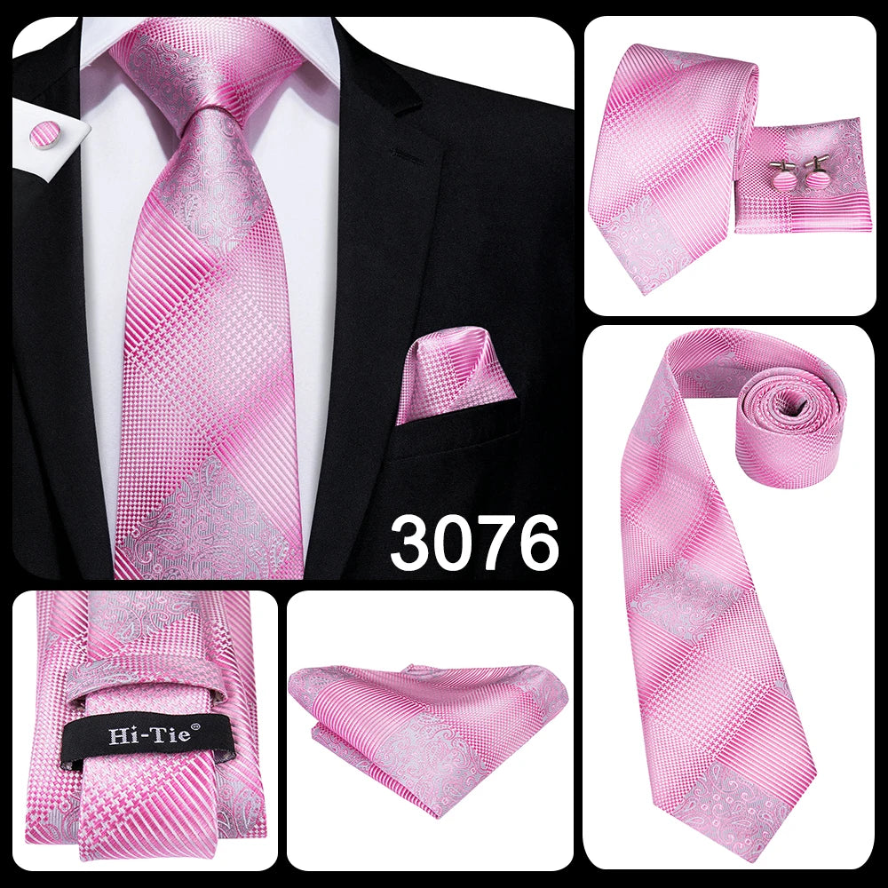 Hi-Tie Silk Men Tie Peach Pink Floral Wedding Necktie for Men Luxury Necktie Handkerchief Cufflink Fashion Design Business
