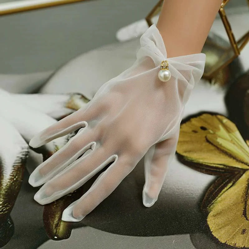Bridal Gloves Wedding Gloves White Gauze Woman Gloves Thin Lace Ladies Fingered Gloves Pearl Wedding Gloves Accessories