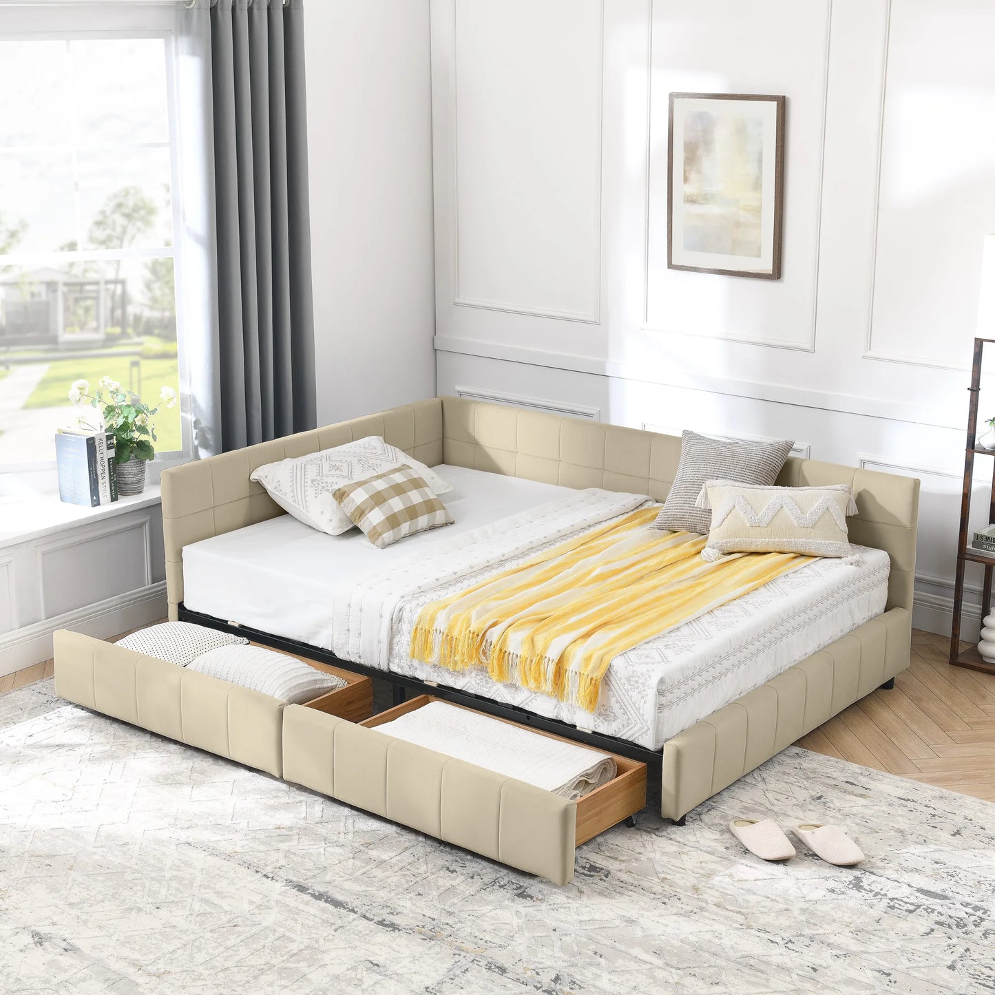 Full Size Convertible Storage Upholstered Tufted Bed Frame Sofa Set with Comfortable Backrest Armrests for Bedroom Living Room