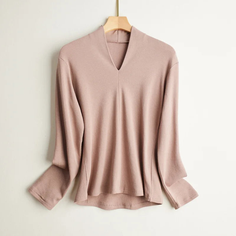 Silk Long Sleeve T-Shirt Elastic Slim Fit V-neck Pullover Thread Solid Color Mulberry Silk Brushed Women's Bottoming Shirt