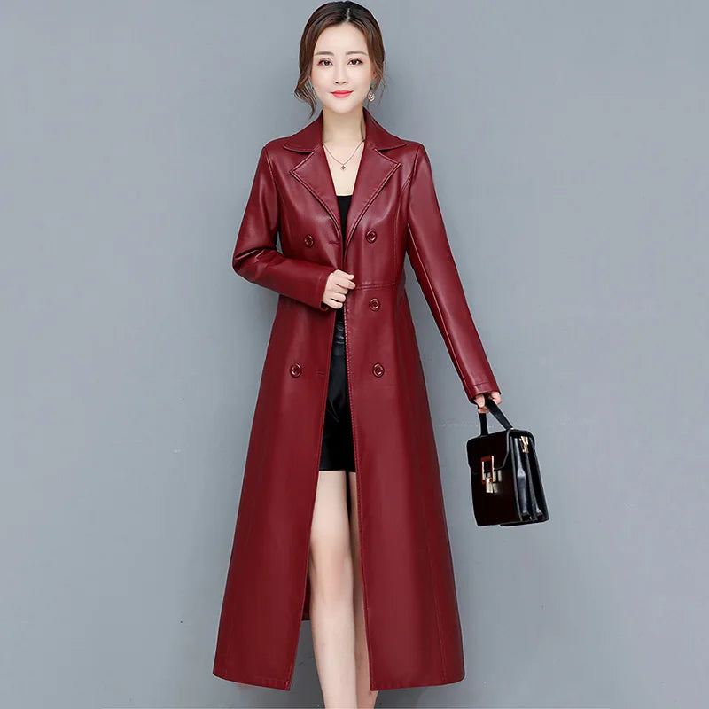 M-7XL New Women Sheepskin Coat Spring Autumn 2025 Fashion Double Breasted Long Jacket Sheep Leather Overcoat Suede Outerwear