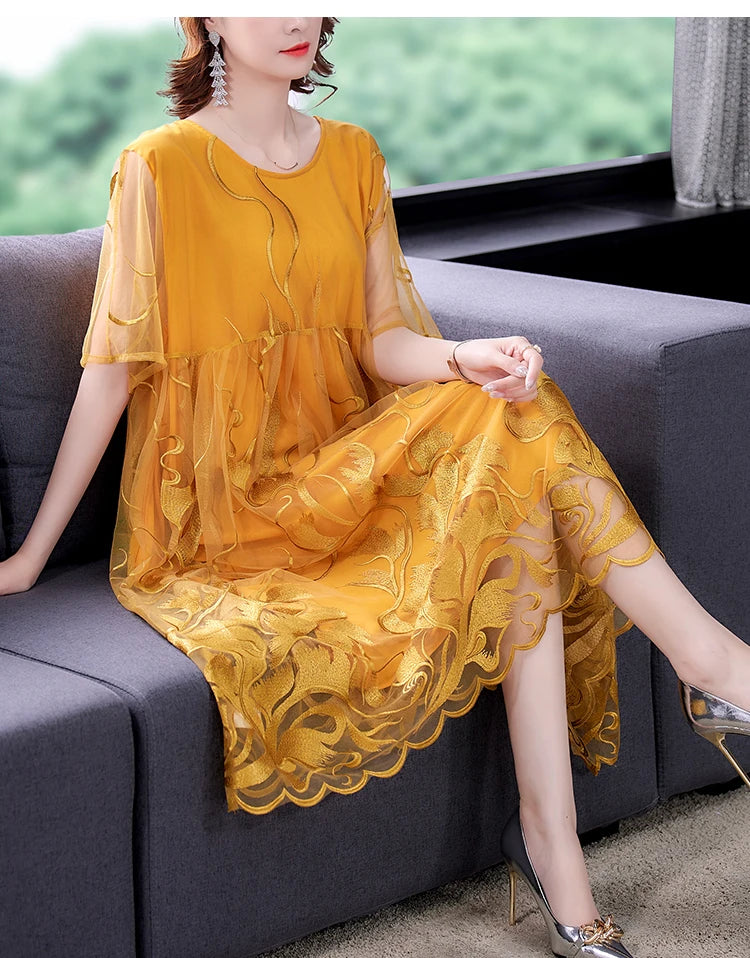 High Street Natural Silk Floral Embroidery Midi Dress Summer Casual Vintage Loose Beach Dress 2024 Women Elegant Party Vestidos