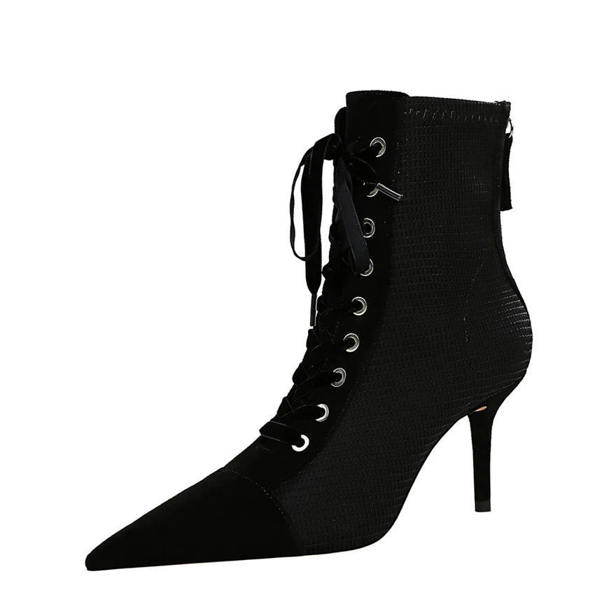 2025 Woman Cross-tied Autumn Ankle Boots Flock Pointed High Heels Shoes Women's Black Fashion Zipper Office Lady Street Footwear
