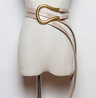 NEW Genuine Leather double Belts Luxury Metal U Buckle belt women girls retro vintage large belt for coat jeans black white