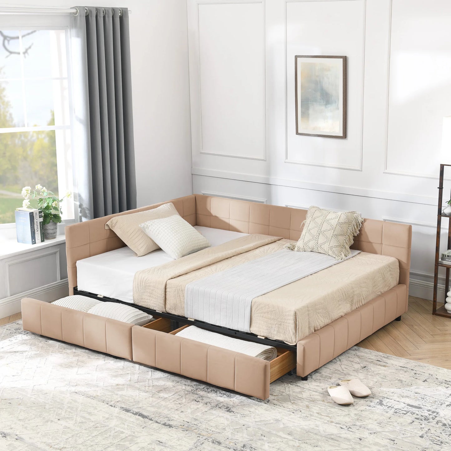 Full Size Convertible Storage Upholstered Tufted Bed Frame Sofa Set with Comfortable Backrest Armrests for Bedroom Living Room