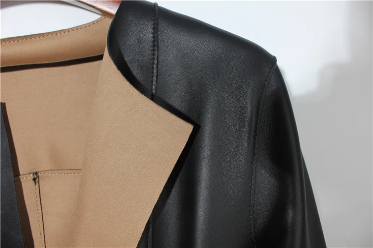 European Fashion Women Clothing Female Real Leather Jacket Mujer Draw Back Round Neck Pleated Belt Caramel Coat Veste Femme
