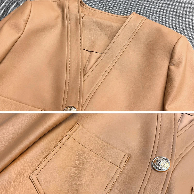 Mujer Roupas Autumn/Winter Female Genuine Leather V-Neck Big Gold Buckle Casual Pocket Short Coat Camel/Black Chic Jacket Women
