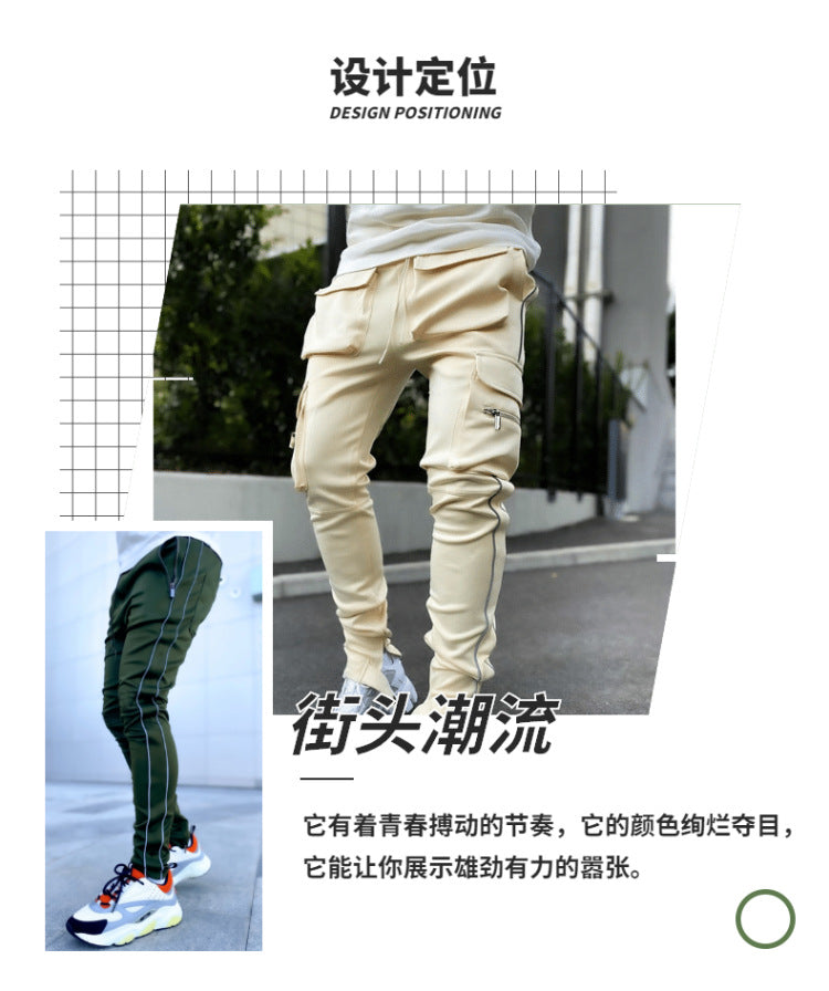 Spring and Autumn Workwear Pants Men's Fashion Brand Elastic Multi-Bag Reflective Straight Sports Fitness Casual Trousers