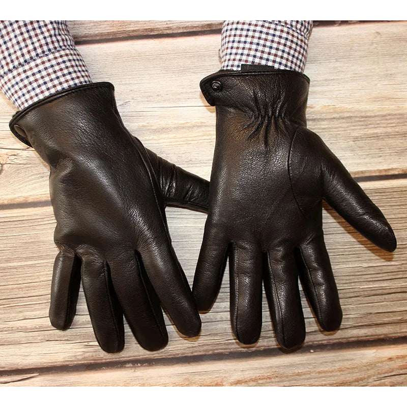 Winter Thick Sheepskin Fur Lining Warm Goatskin Gloves Men's Deerskin Pattern Leather Sheep Shearing Cold-Proof Finger Gloves