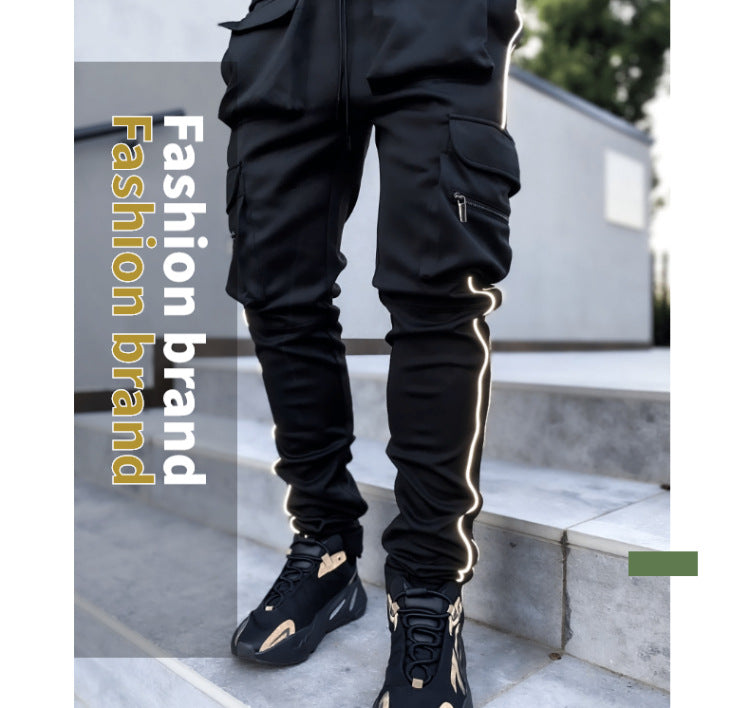 Spring and Autumn Workwear Pants Men's Fashion Brand Elastic Multi-Bag Reflective Straight Sports Fitness Casual Trousers