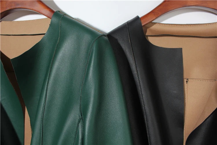 European Fashion Women Clothing Female Real Leather Jacket Mujer Draw Back Round Neck Pleated Belt Caramel Coat Veste Femme