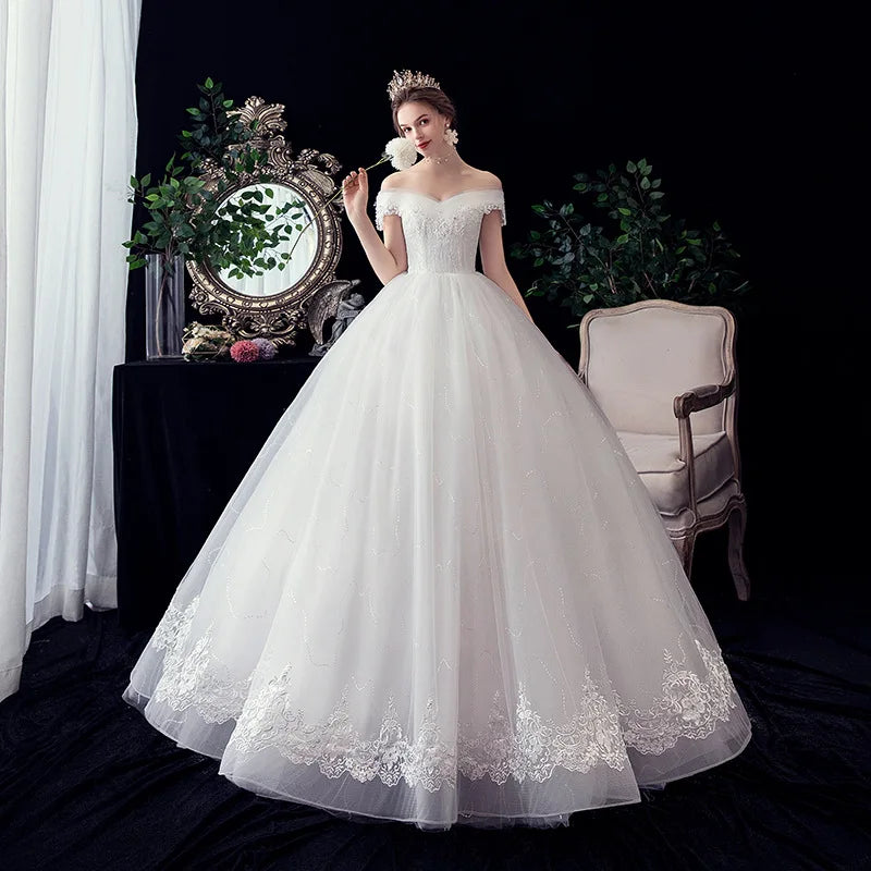 Shiny Wedding Gowns Sweet Boat Neck Wedding Party Ball Gown Off Shoulder Wedding Dresses Customized For Women