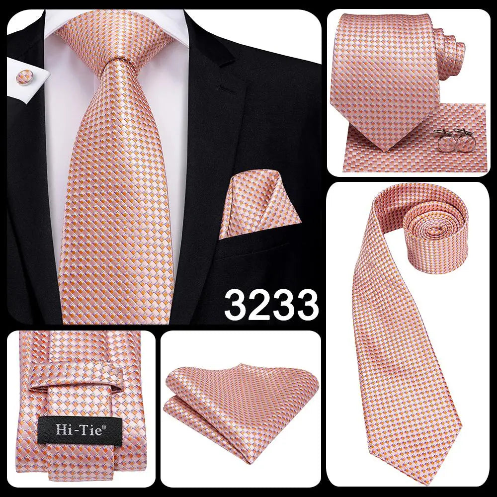 Hi-Tie Silk Men Tie Peach Pink Floral Wedding Necktie for Men Luxury Necktie Handkerchief Cufflink Fashion Design Business