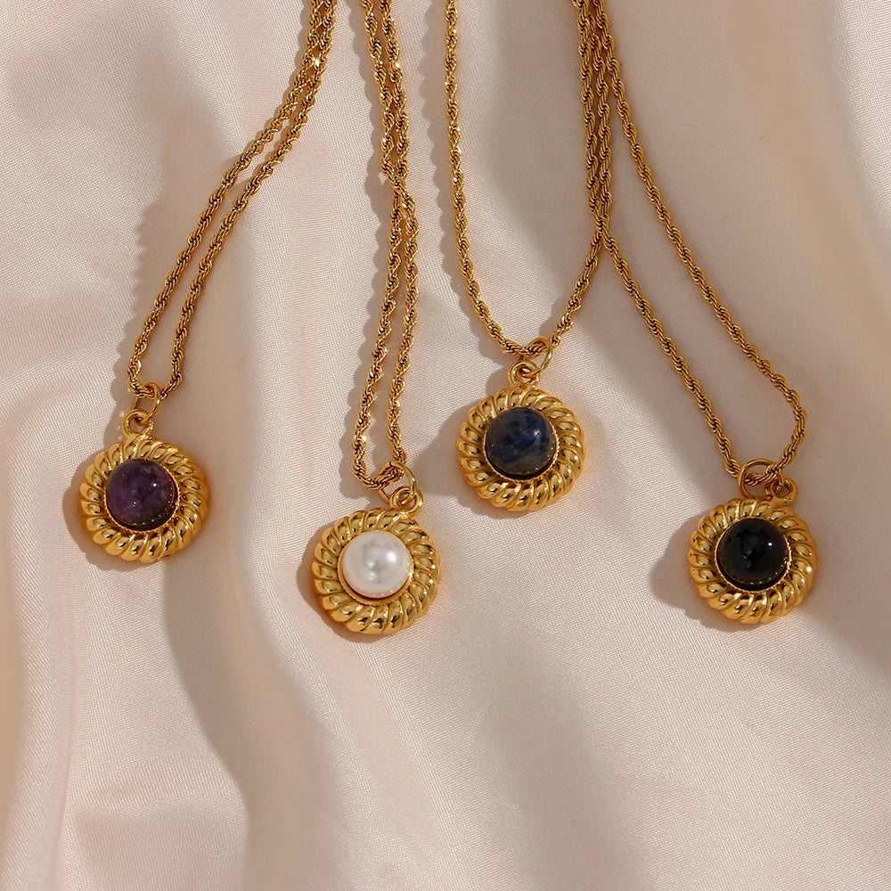 E.B.belle   Elegant Natural Stone Black Carnelian Lapis Lazuli Amethyst Simulated Pearl Pendant Necklace Rope Chian Necklace