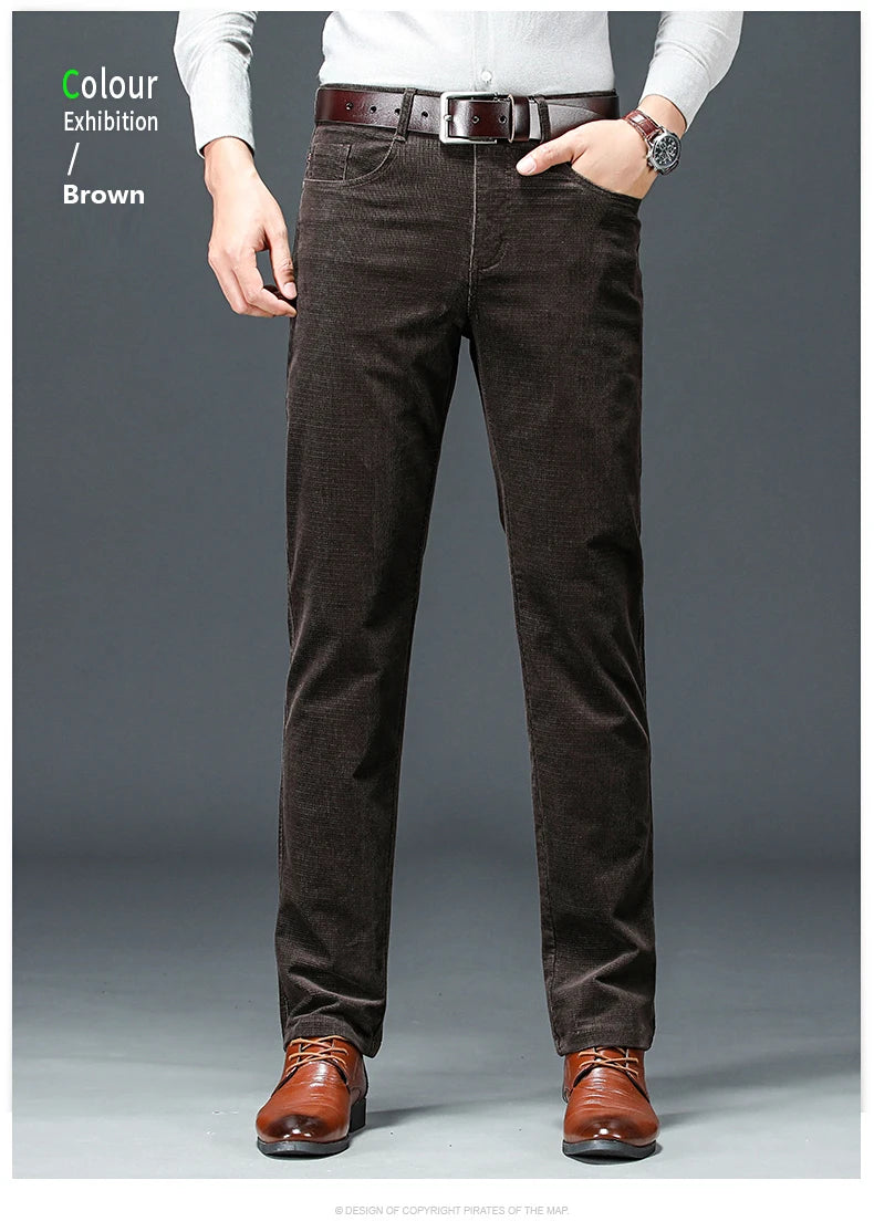 Spring Autumn New Men Pants Corduroy Fabric Comfortable Soft Casual Business Office Male Trousers Khaki Apricot Black Blue