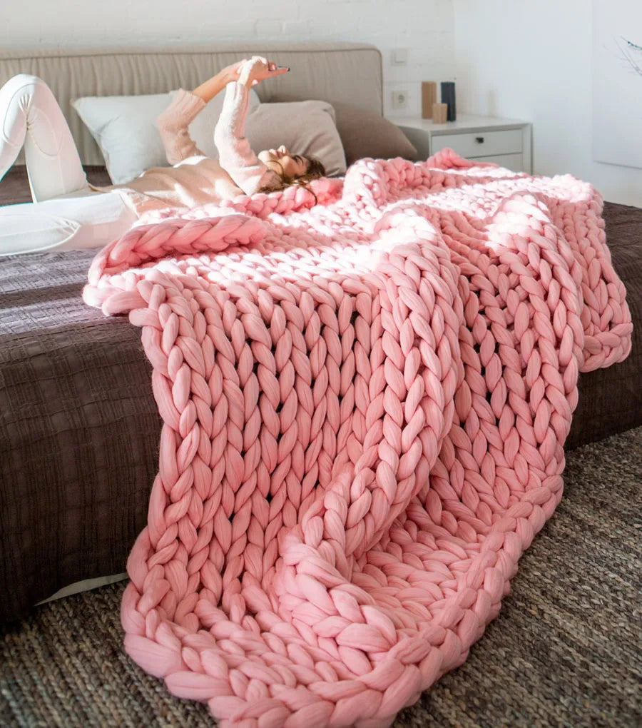 WOSTAR Chunky merino wool blanket thick large yarn roving knitted blanket winter warm plaid throw blankets sofa bed blanket
