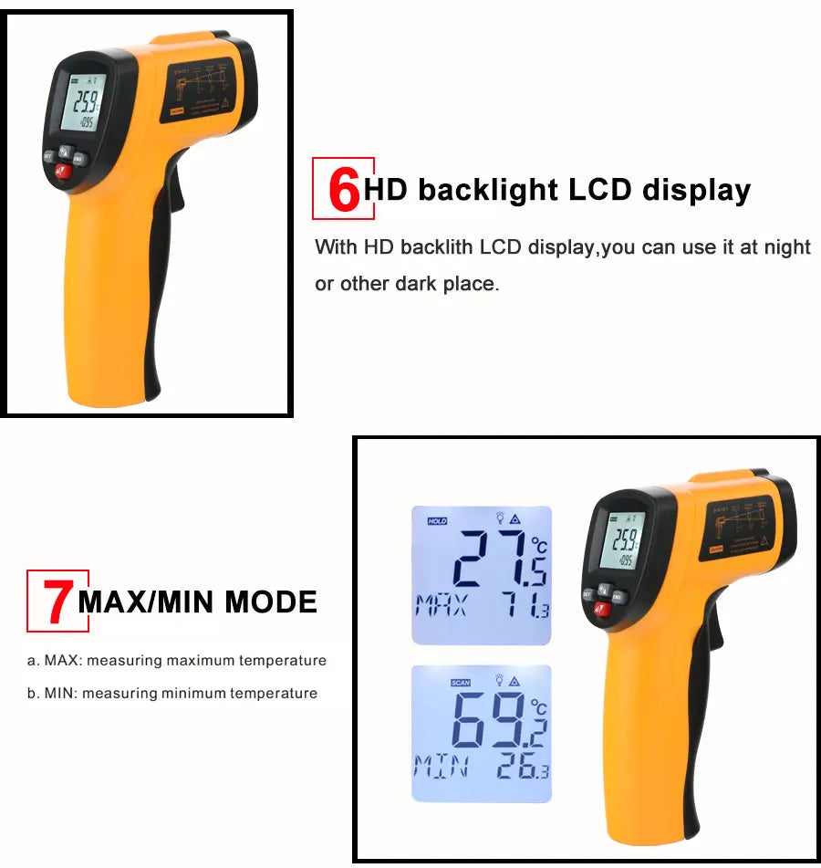 RZ Infrared Thermometer Non-Contact Temperature Meter Gun Handheld Digital LCD Industrial Outdoor Laser Pyrometer IR Thermometer