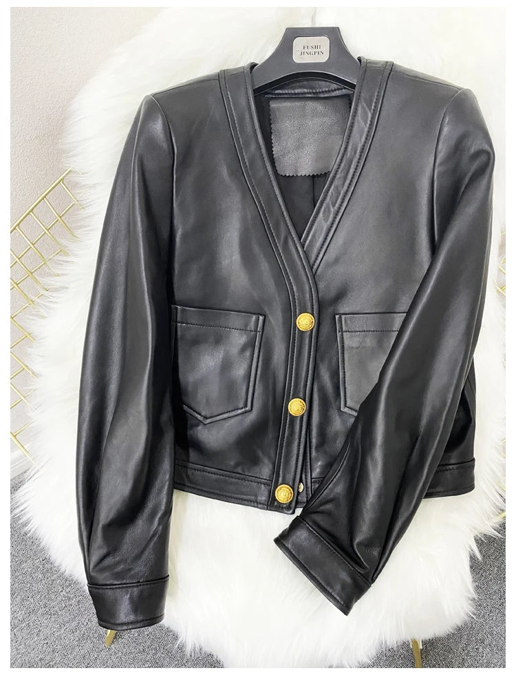 Mujer Roupas Autumn/Winter Female Genuine Leather V-Neck Big Gold Buckle Casual Pocket Short Coat Camel/Black Chic Jacket Women