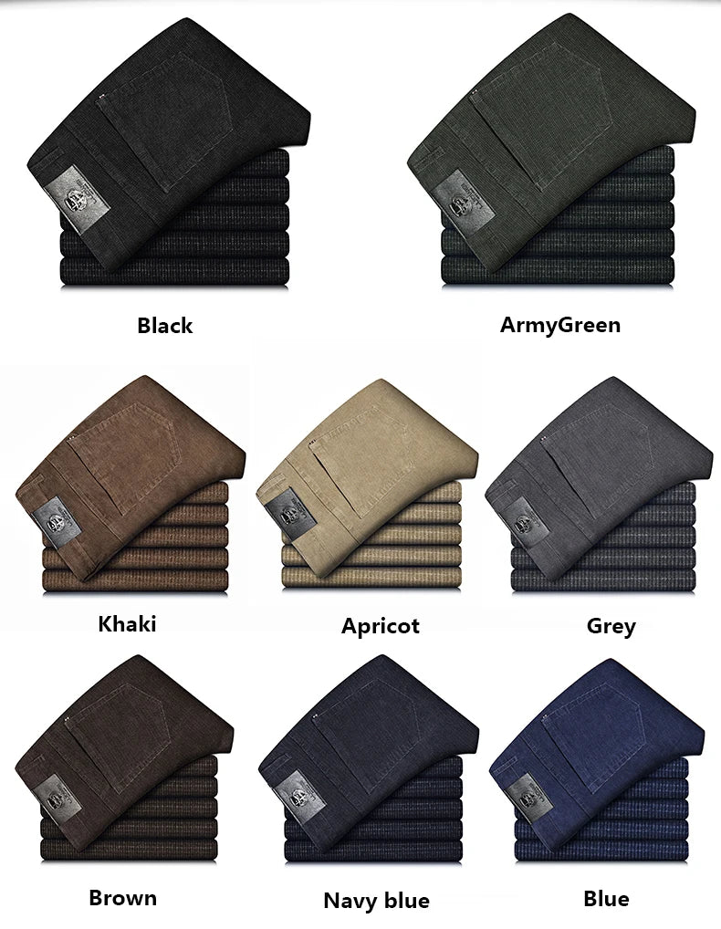 Spring Autumn New Men Pants Corduroy Fabric Comfortable Soft Casual Business Office Male Trousers Khaki Apricot Black Blue