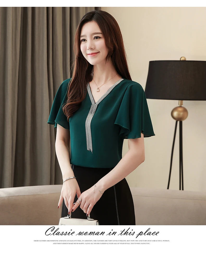 Blusas Blouses Femme Summer Tops Women Blouse Women Blusas Mujer De Moda 2024 Verano Tassel V-Neck Chiffon Blouse Shirt E767