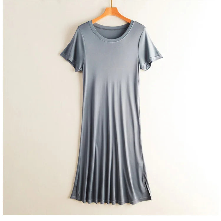 Knitted Silk Dress Solid Color Large Medium Long Mulberry Silk Short Sleeve Round Neck Bottomed Skirt