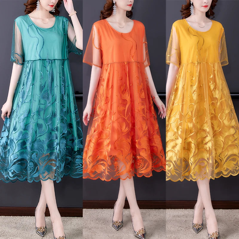High Street Natural Silk Floral Embroidery Midi Dress Summer Casual Vintage Loose Beach Dress 2024 Women Elegant Party Vestidos