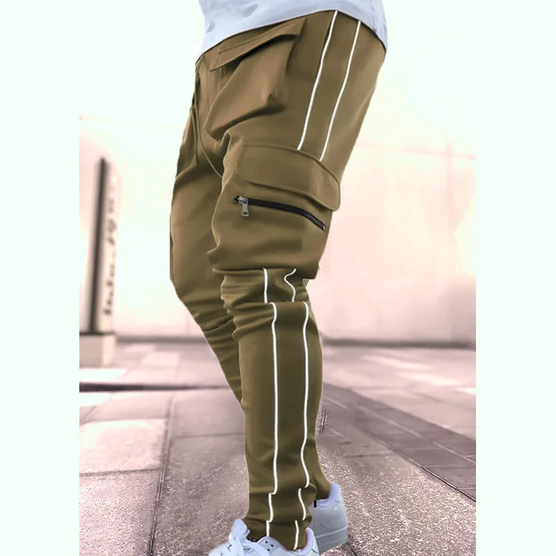 Spring and Autumn Workwear Pants Men's Fashion Brand Elastic Multi-Bag Reflective Straight Sports Fitness Casual Trousers