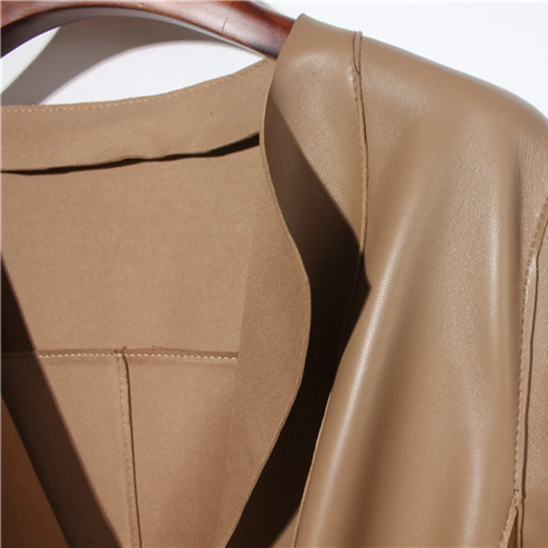 European Fashion Women Clothing Female Real Leather Jacket Mujer Draw Back Round Neck Pleated Belt Caramel Coat Veste Femme