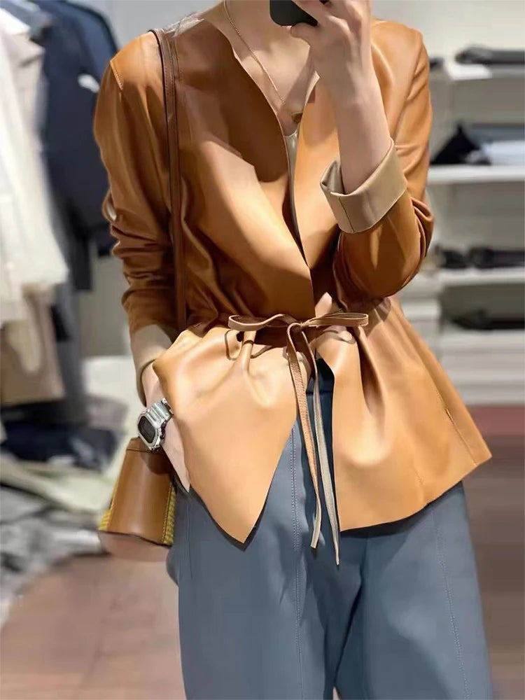 European Fashion Women Clothing Female Real Leather Jacket Mujer Draw Back Round Neck Pleated Belt Caramel Coat Veste Femme