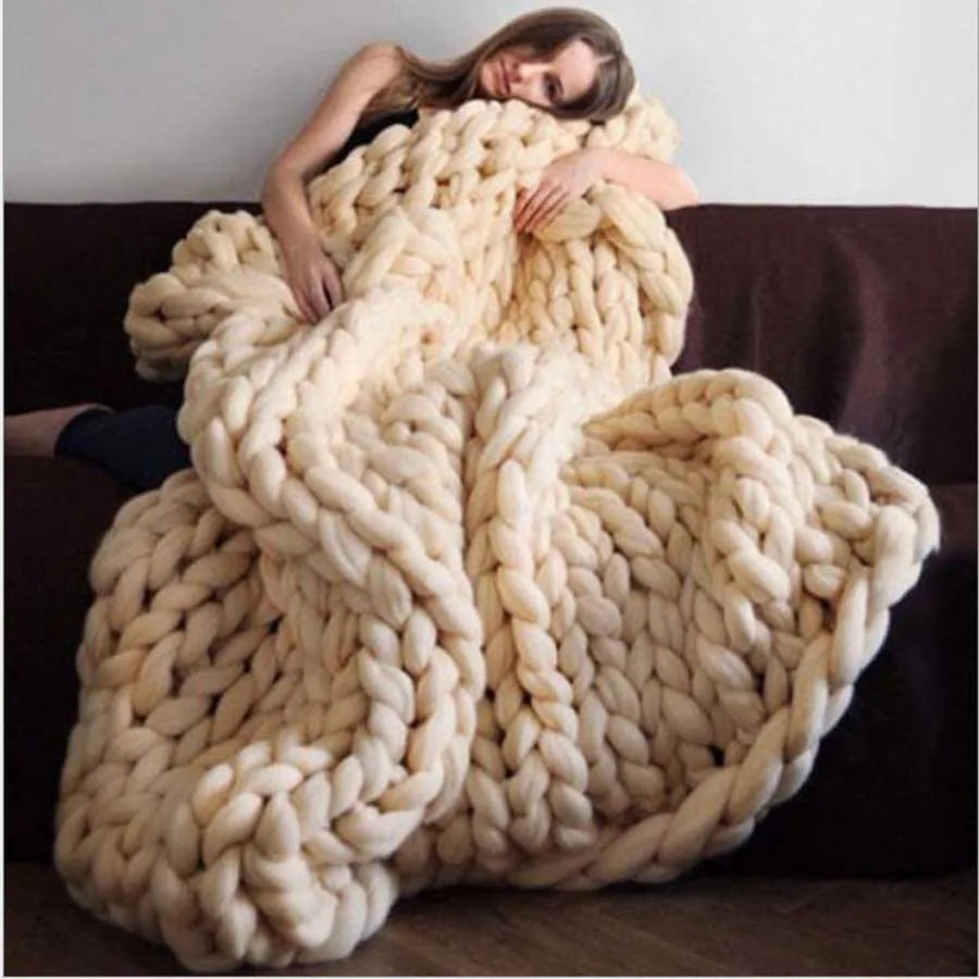 WOSTAR Chunky merino wool blanket thick large yarn roving knitted blanket winter warm plaid throw blankets sofa bed blanket