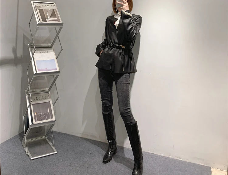 European Fashion Women Clothing Female Real Leather Jacket Mujer Draw Back Round Neck Pleated Belt Caramel Coat Veste Femme