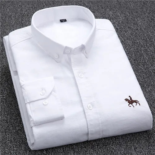 S-6XL Casual Pure Cotton Oxford Mens Shirts Long Sleeve Embroidery Horse Design Regular Fit Fashion Button Man White Dress Shirt