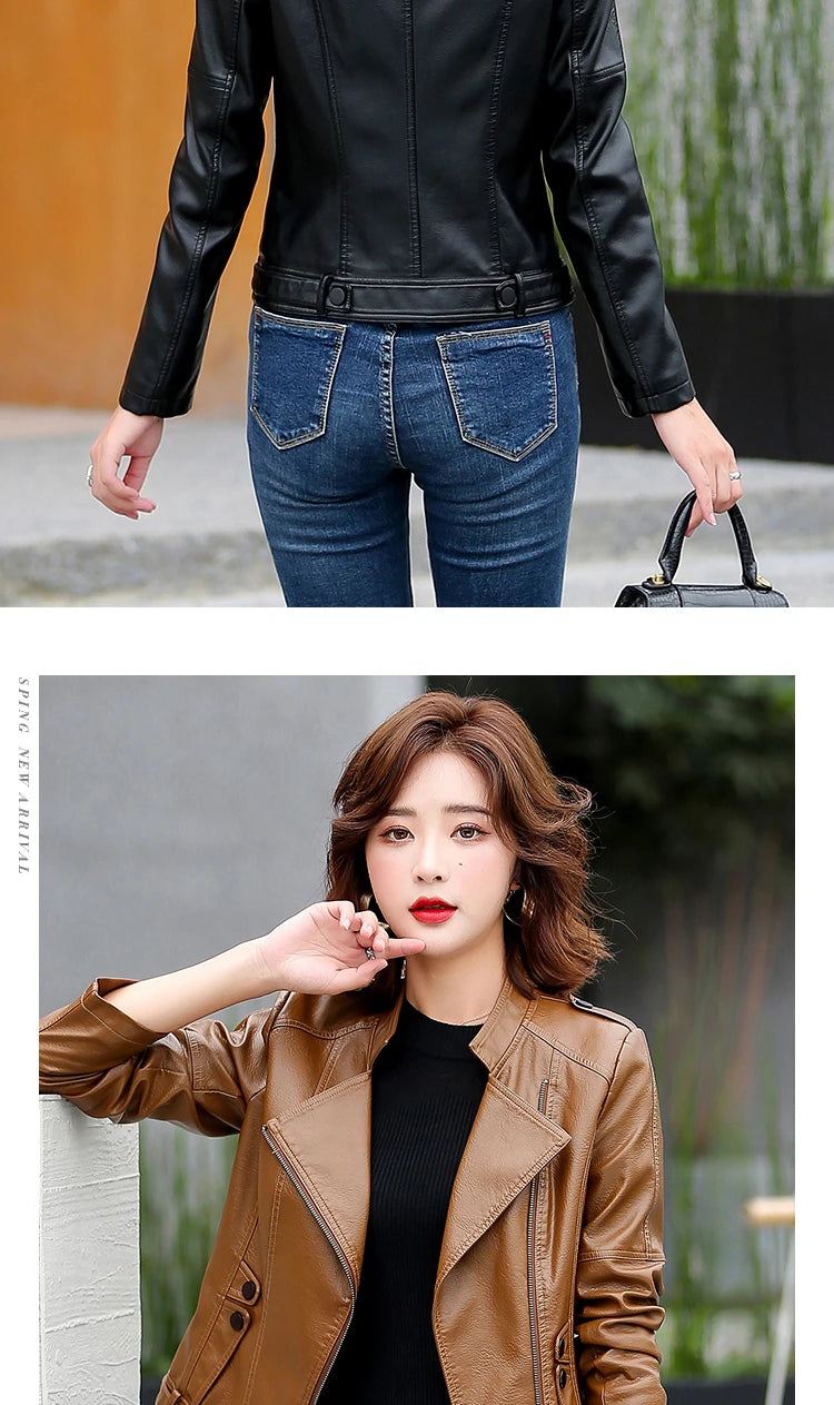 M-5XL New Women Leather Jacket Spring 2025 Fashion Solid Color Slim Short Sheepskin Coat Moto&Biker Style Tops Outerwear Female