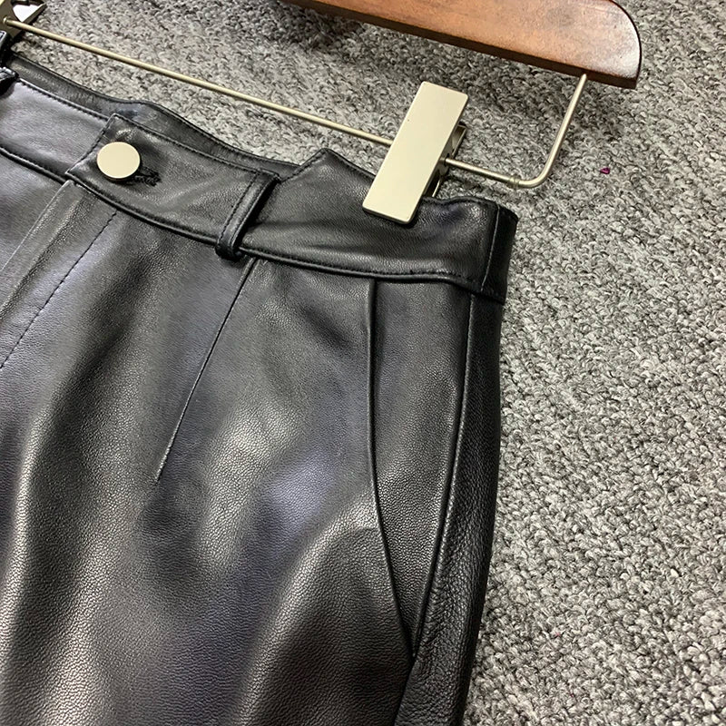 Fashion Autumn Genuine Leather Short Coat Women Short Sleeve Double Breasted Turn-Down Collar Office Lady Sheepskin Suit Jacket