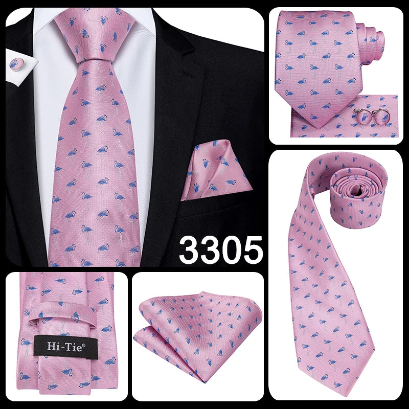 Hi-Tie Silk Men Tie Peach Pink Floral Wedding Necktie for Men Luxury Necktie Handkerchief Cufflink Fashion Design Business