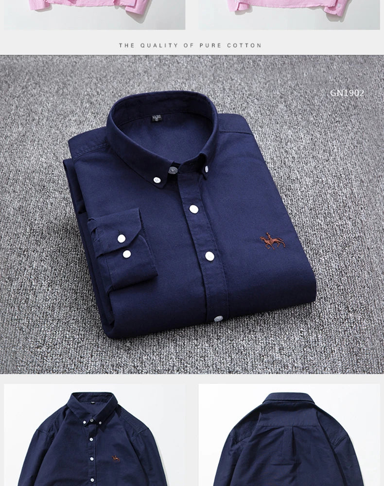 S-6XL Casual Pure Cotton Oxford Mens Shirts Long Sleeve Embroidery Horse Design Regular Fit Fashion Button Man White Dress Shirt
