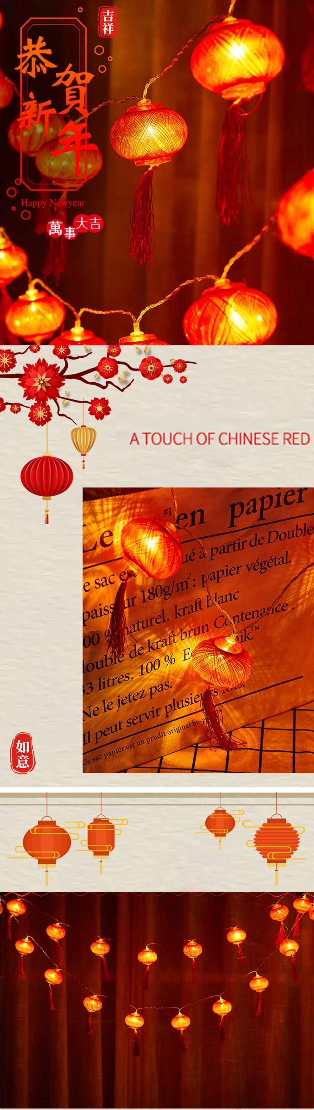 3V Lantern Festival Spring Festival Traditional Chinese Red Lantern String Light/Battery Box New Year Holiday Decorations