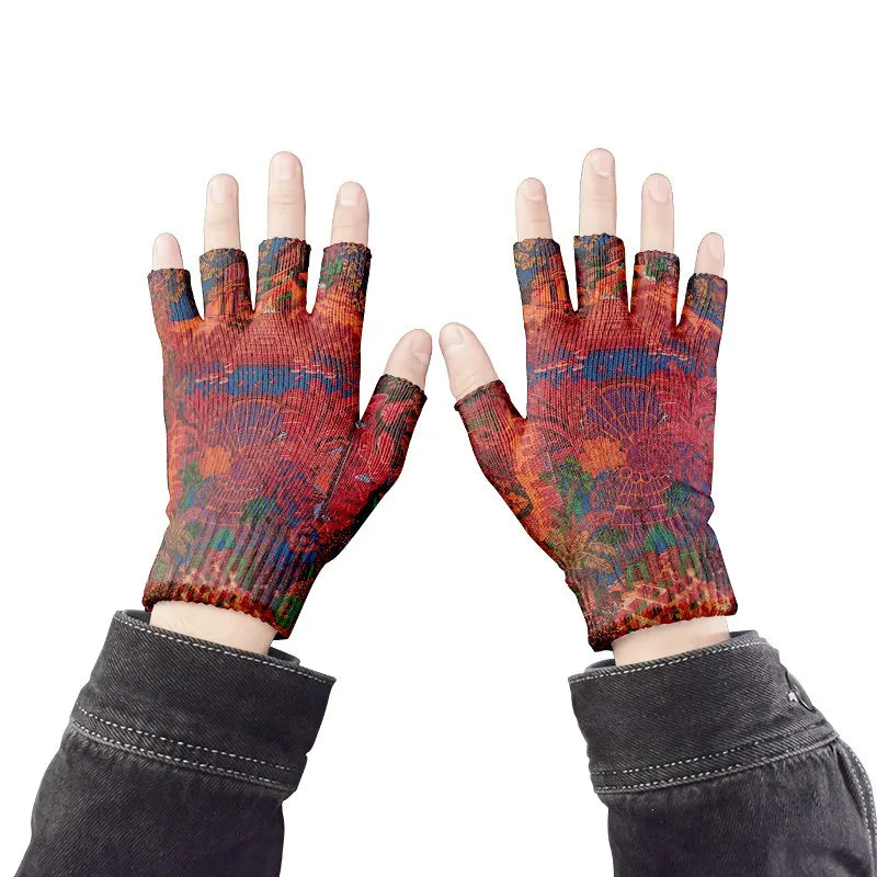 Cartoon Mashup Colorful Pattern Mittens Wrist Spring Summer Fingerless Working Gloves Soft Women Knitted Gloves Open Fingered