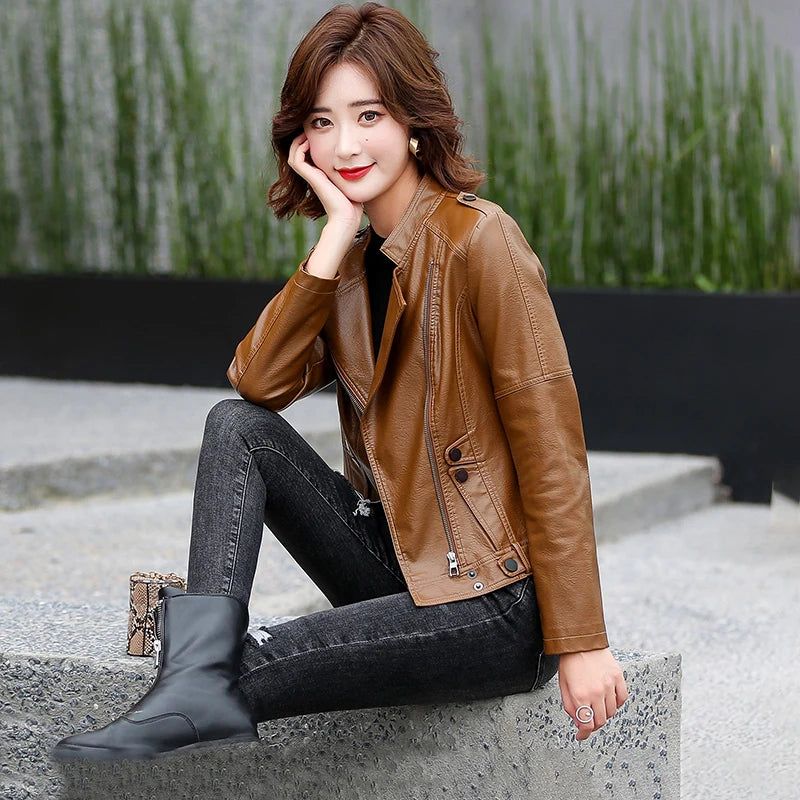 M-5XL New Women Leather Jacket Spring 2025 Fashion Solid Color Slim Short Sheepskin Coat Moto&Biker Style Tops Outerwear Female