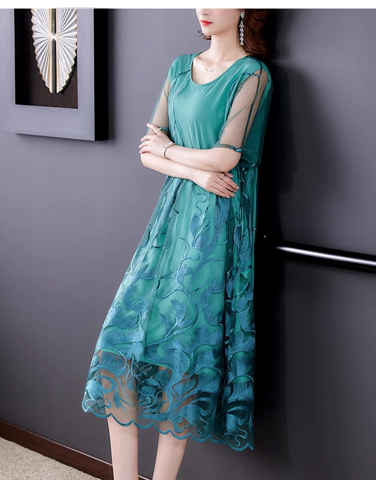 High Street Natural Silk Floral Embroidery Midi Dress Summer Casual Vintage Loose Beach Dress 2024 Women Elegant Party Vestidos